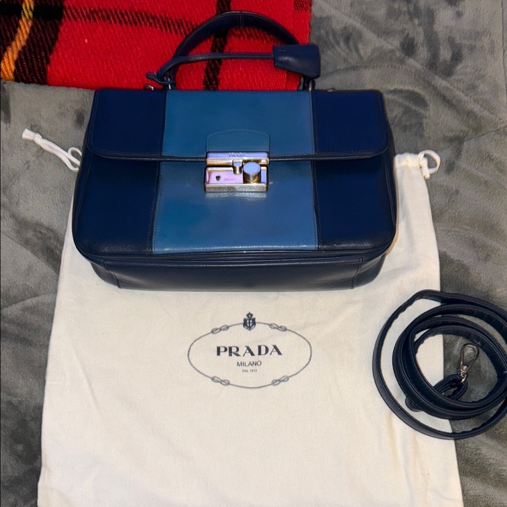 Preloved Prada Blue Saffiano leather top handle bag Measurement is 10”W x 7”H